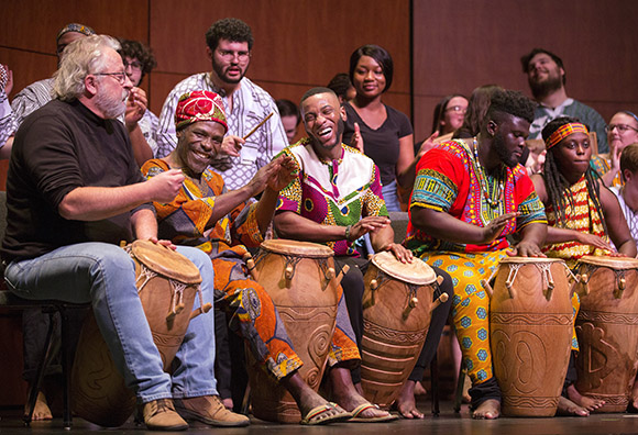 Photo of Crane West African Drum and Dance Ensemble joined by master Ghanaian drummer Martin Kwaku Kwaakye