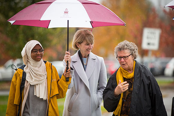 Photo of Chancellor Dr. Kristina M. Johnson, SGA President Kadiatou Balde and Faculty Senate Chair Kimberley Bouchard