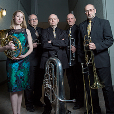 The Potsdam Brass Quintet will perform at SUNY Potsdam’s Crane School of Music on Oct. 27. Its regular members include (from left): Lauren Becker, Jim Madeja, Charles Guy, John Ellis and Mark Hartman. Guest tubist William Sutton will join the ensemble for this performance.